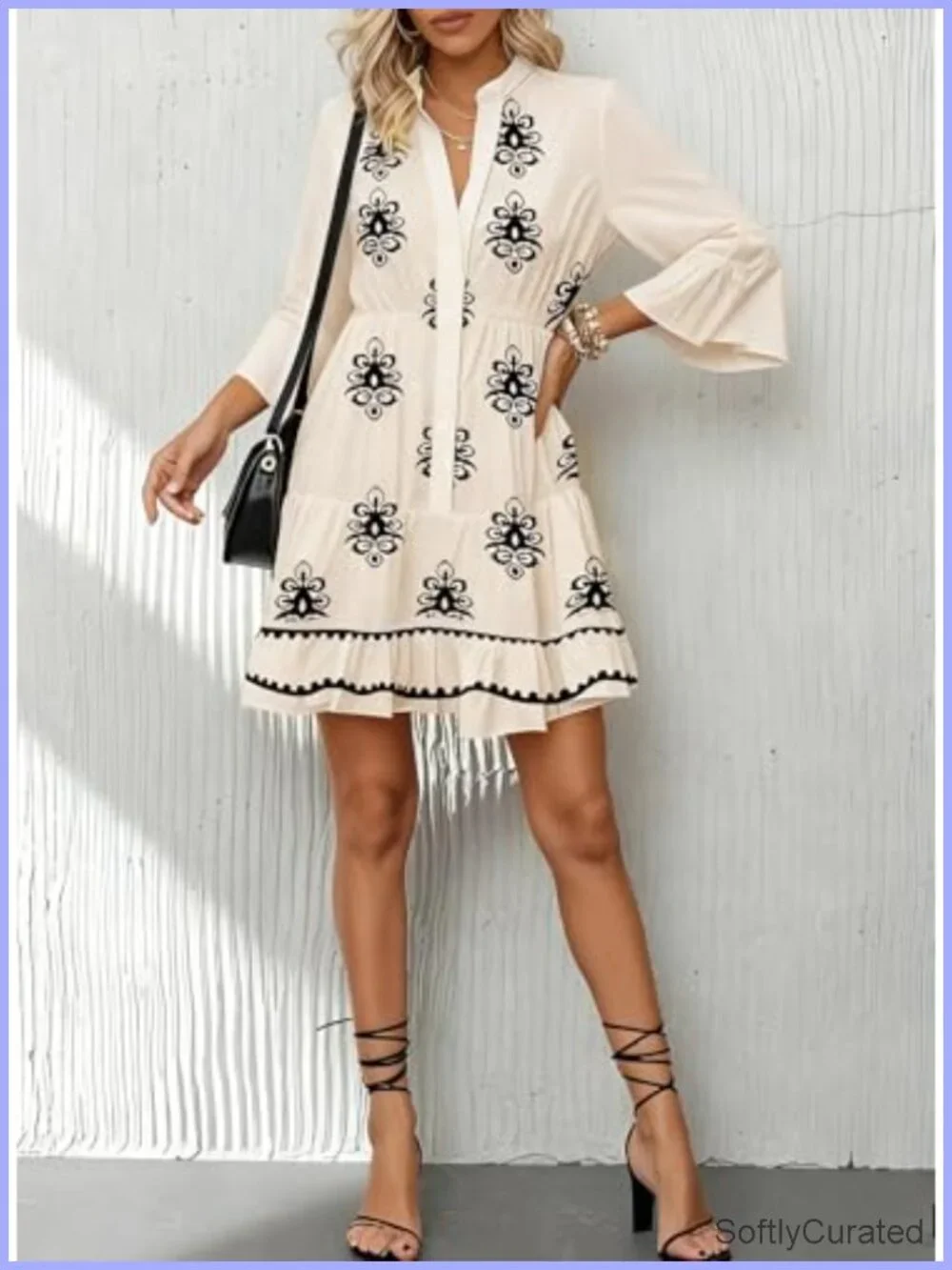 Flowy Ruffle 3/4 Bell Sleeve V Neck Tiered Babydoll Boho Mini Dress